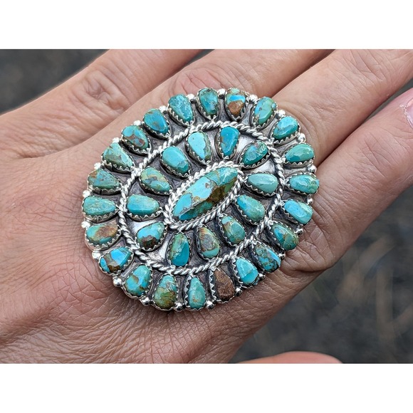 Handcrafted Navajo Cluster Ring Size 7 3/4 Women's Signed Boho Jewelry ** - Picture 3 of 10